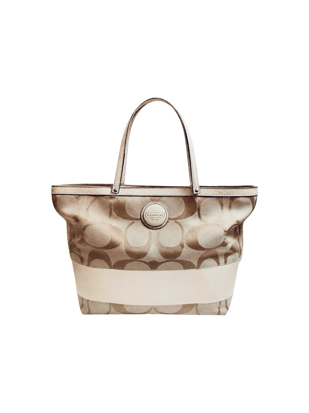 Vintage Coach Signature F17433Stripe Tote Bag Jacquard Canvas Cream Leather